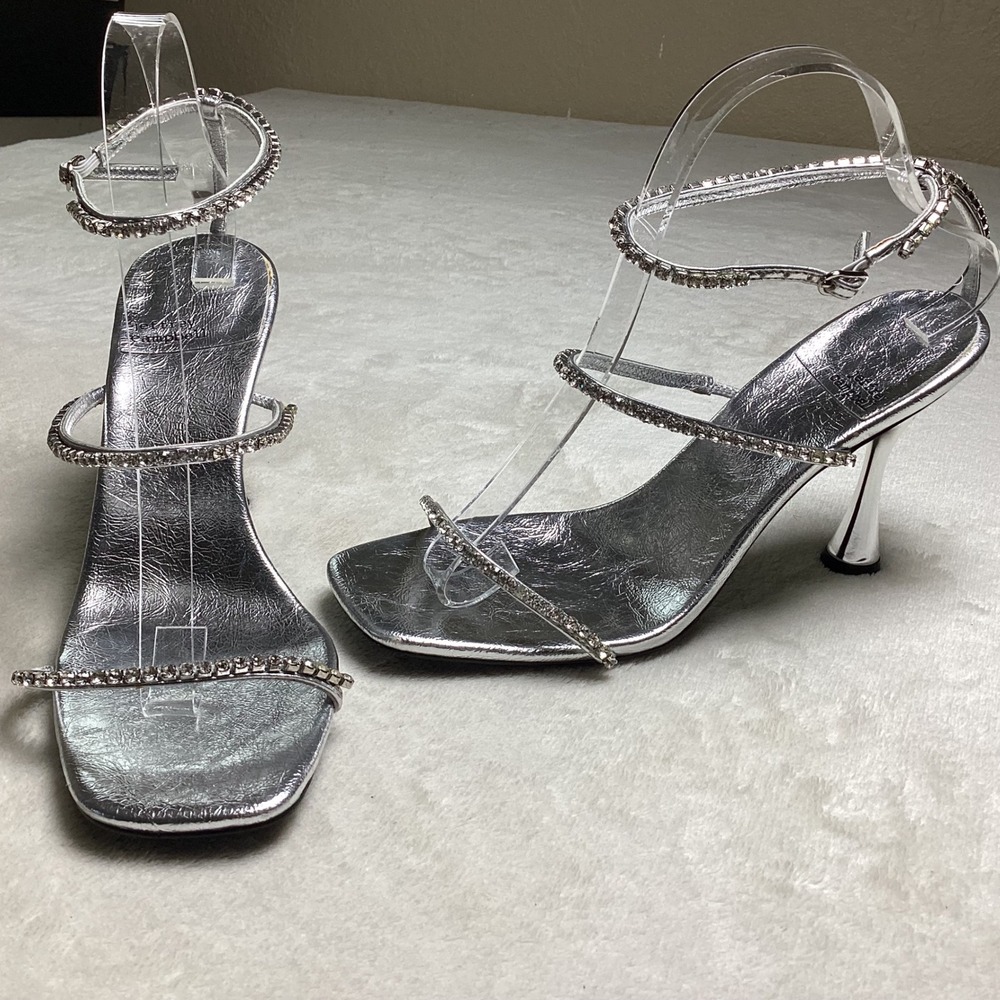 Jeffrey Campbell Silver Rhinestone Strappy Heel Sandals Square Toe Women's US 9